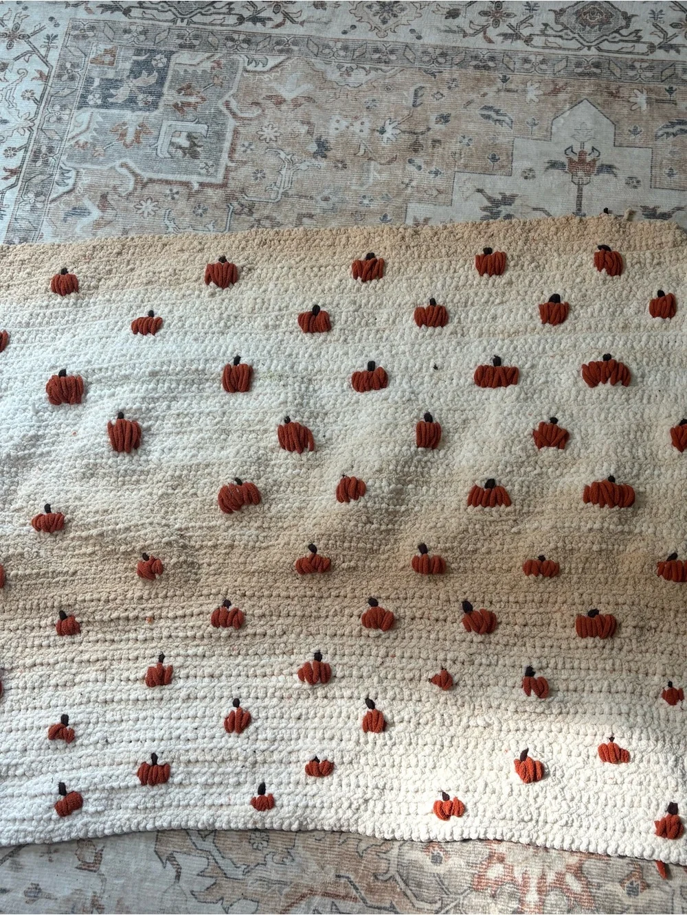 Handmade Cream Crochet Blanket with Orange Pumpkin Motif